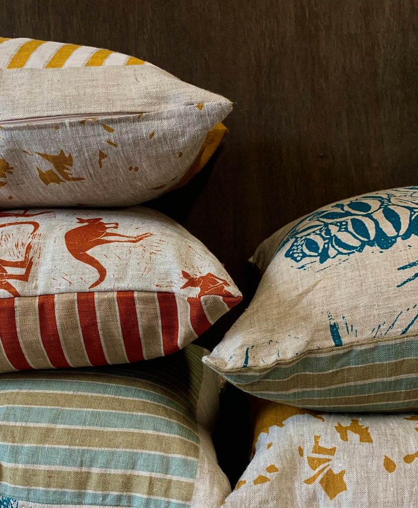 ClothFabric cushions in wattle, banksia and kangaroo run