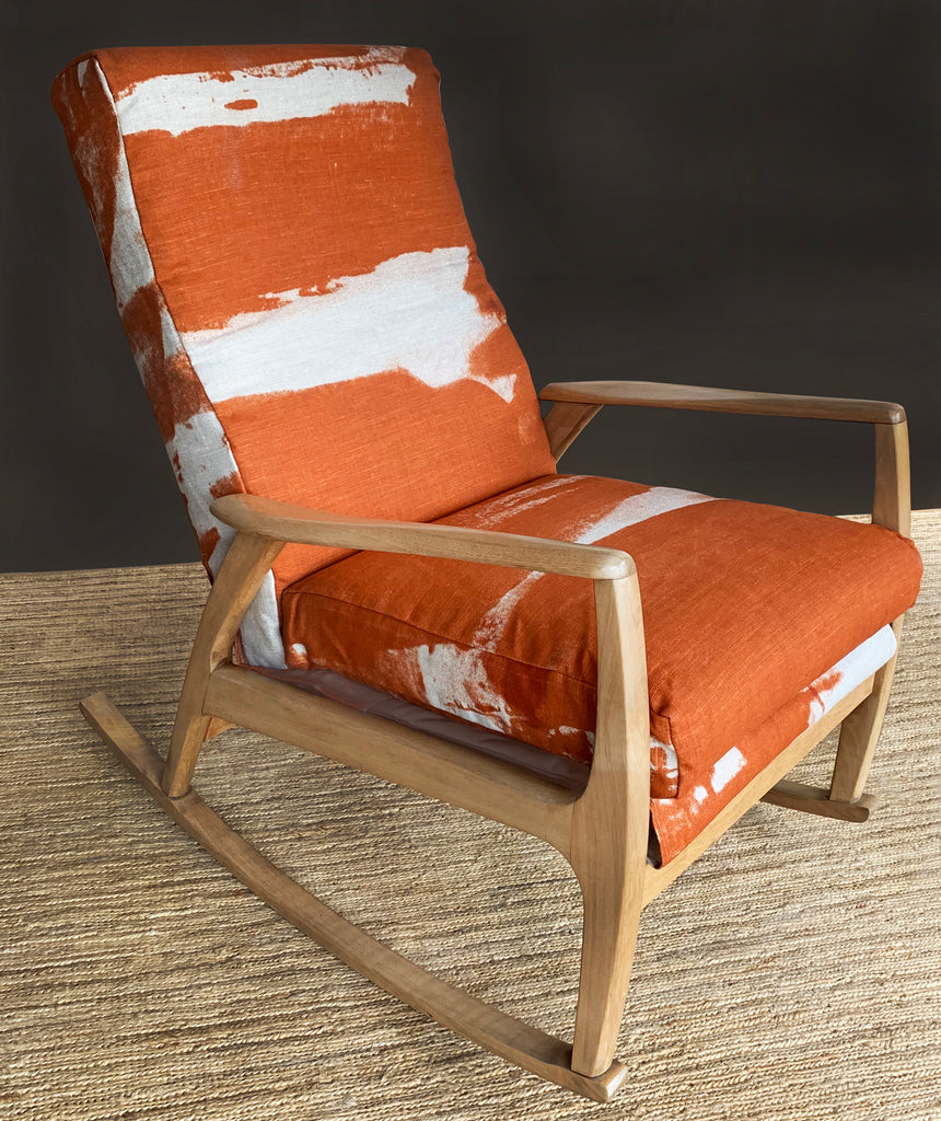 Julie Paterson's ClothFabric Ironbark design used to upholster a mid century rocking chair