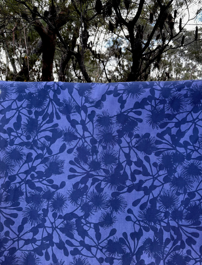Gumblossom Navy on Blue - deadstock linen cut piece 1m x 1.6m