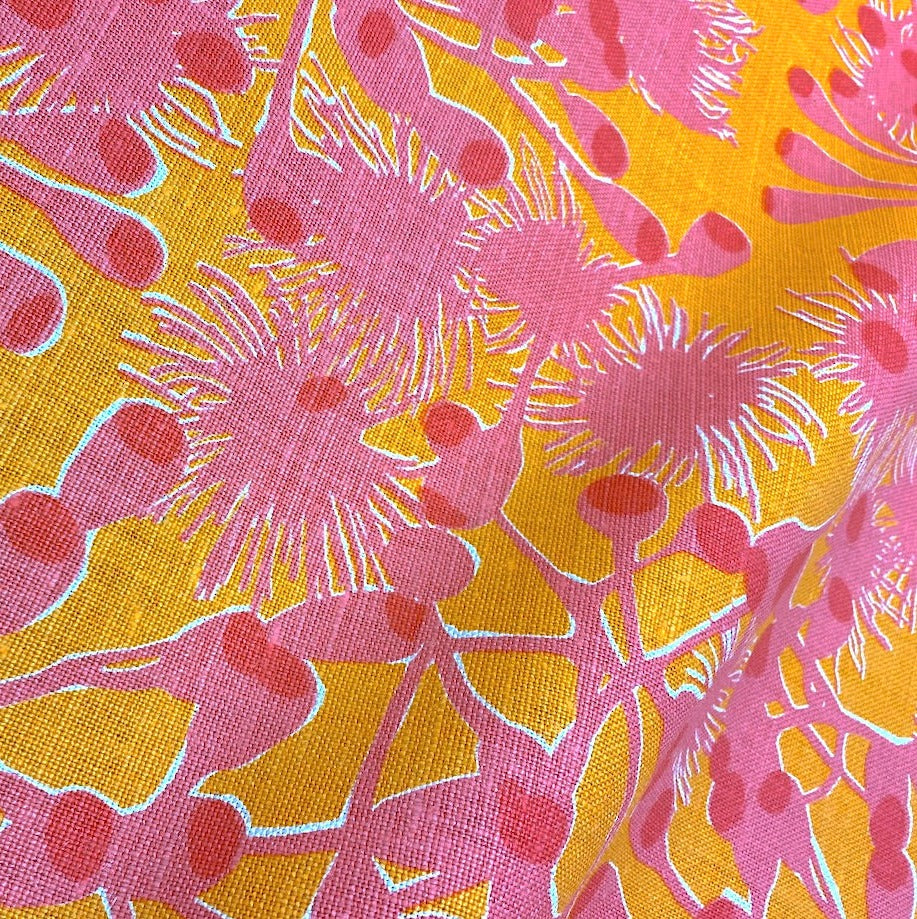 Gumblossom Pink Orange - linen cut piece - 32cm x 138cm