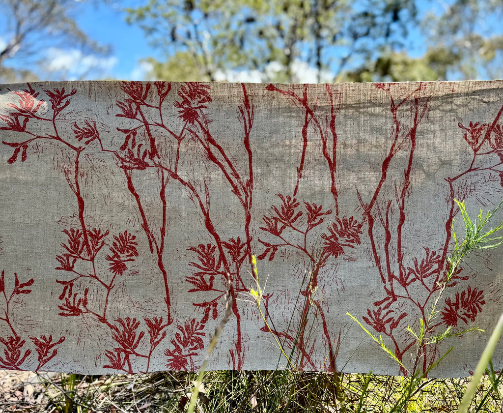 Kangaroo Paw Red Rust heavyweight linen cut piece 65cm x 140cm