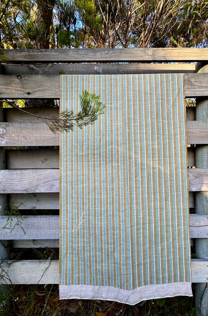 Stripes Khaki Surf - midweight linen cut piece 75cm x 150cm