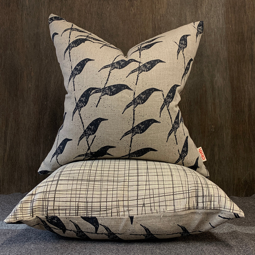Currawong Black and Scratchy Black and Cream reversible cushion