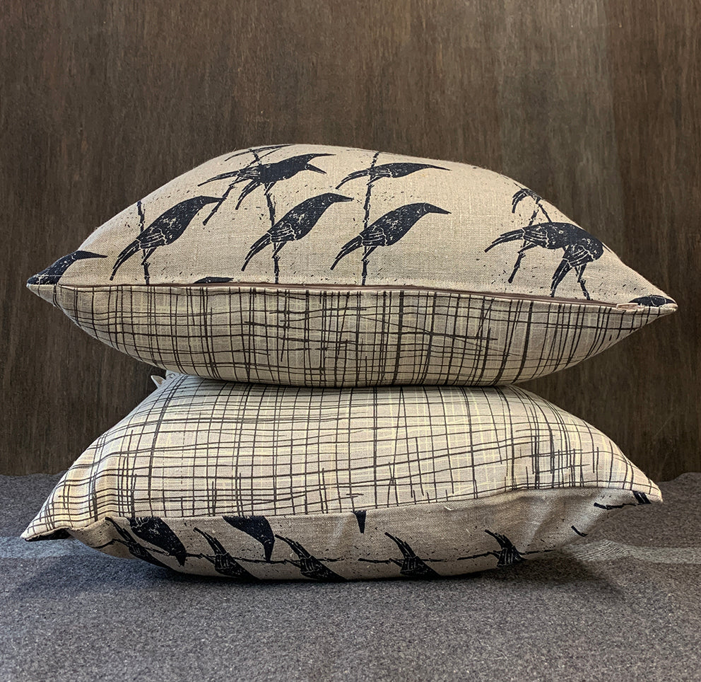 Currawong Black and Scratchy Black and Cream reversible cushion